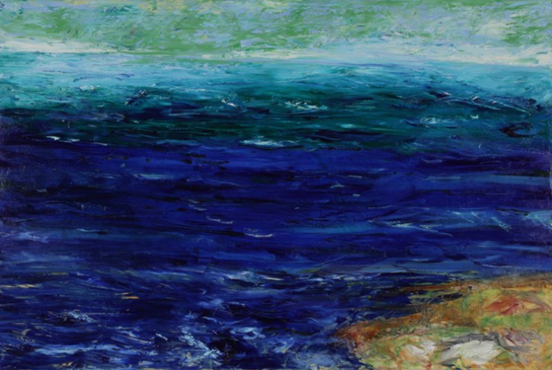 Large paintings by Marius Starkey hung in a corridor of San Francisco City Hall.