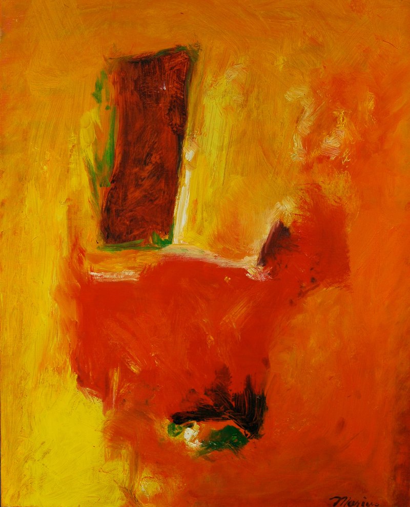 Marius Starkey, Red Door -- abstract, oil on board, 20 x 16 in.